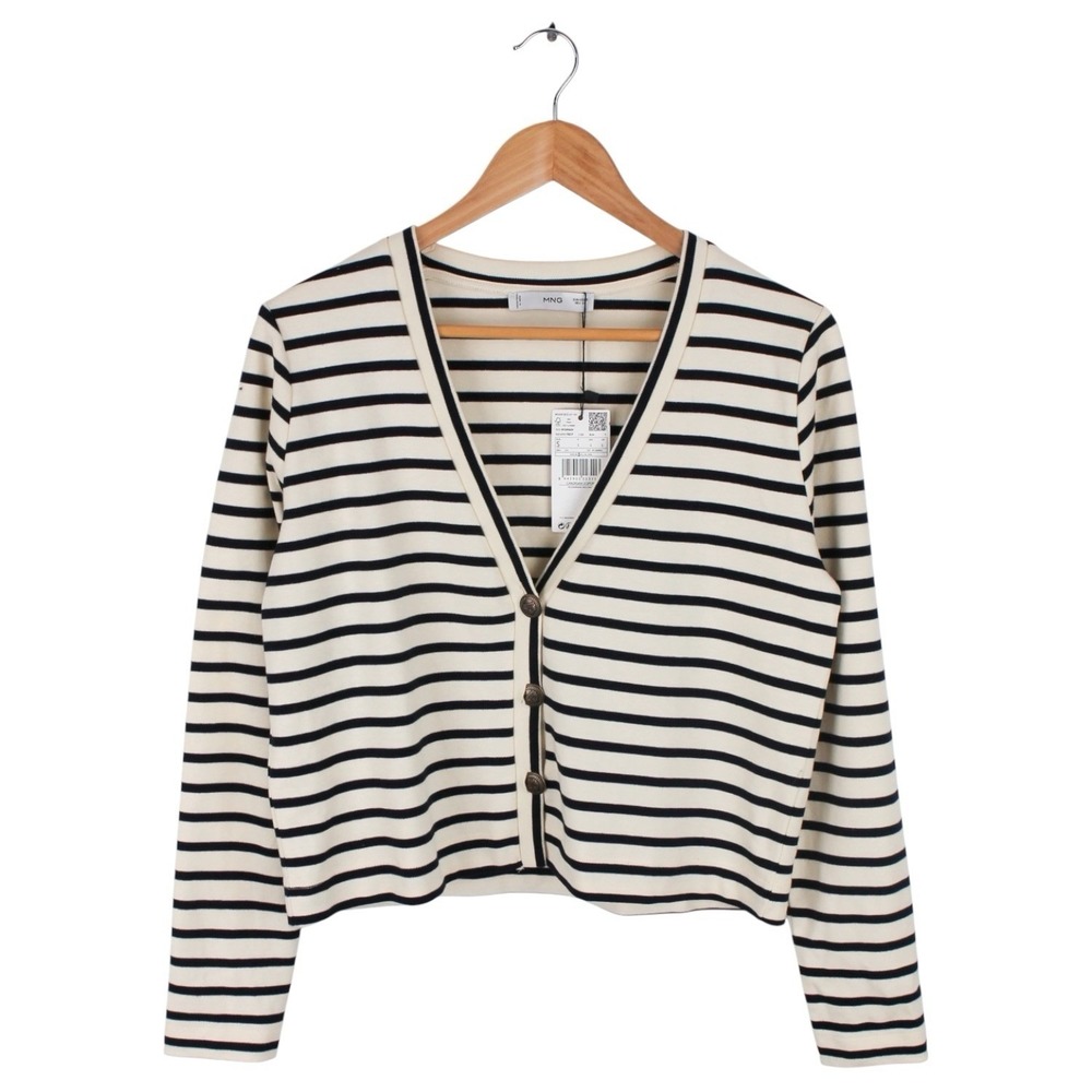 MNG Mango Women's Striped Cropped Cardigan White Black Button Front Size S NWT